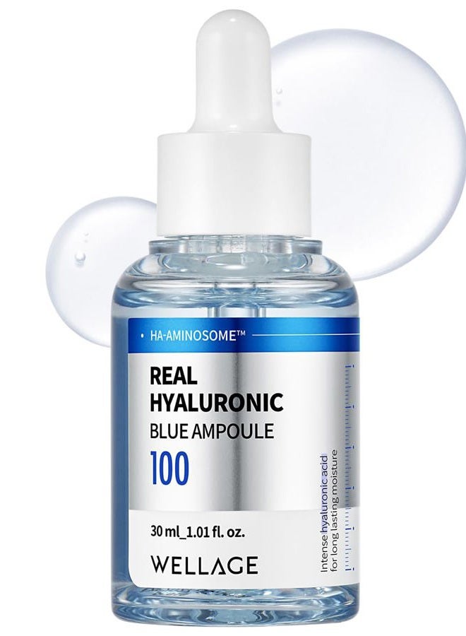 Wellage أمبولة الهيالورونيك الزرقاء الحقيقية 100، العناية بالبشرة الكورية، سيروم حمض الهيالورونيك خالي من العطور مع بانثينول، يام بري، سنتيلا للبشرة الحساسة والجافة مرطب 1.01 أونصة سائلة - Image 1