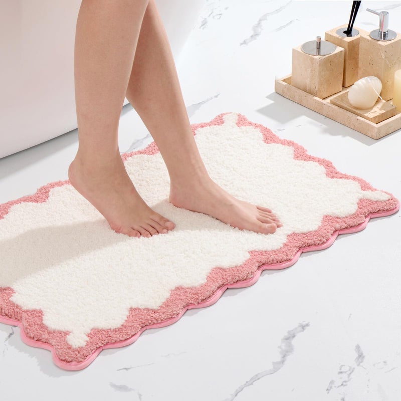 ORTIGIA Scalloped Pink Bathroom Rugs Non Slip Washable Quick Dry Absorbent Soft Plush Microfiber Bath Mats Bath Rugs for Bathroom Floor Carpet for Sink Bedroom Pink and White 20x32