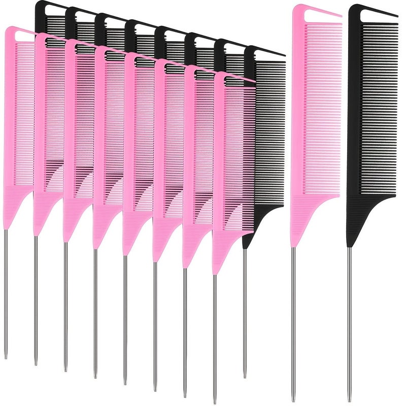 18 Pcs Rat Tail Comb Set with Split Ends Rattle Teaser Fine Tooth Comb Metal Pin Tail Heat Resistant Smooth Pink and Black Combs for Women Braiding Curling Hair Styling - Image 1