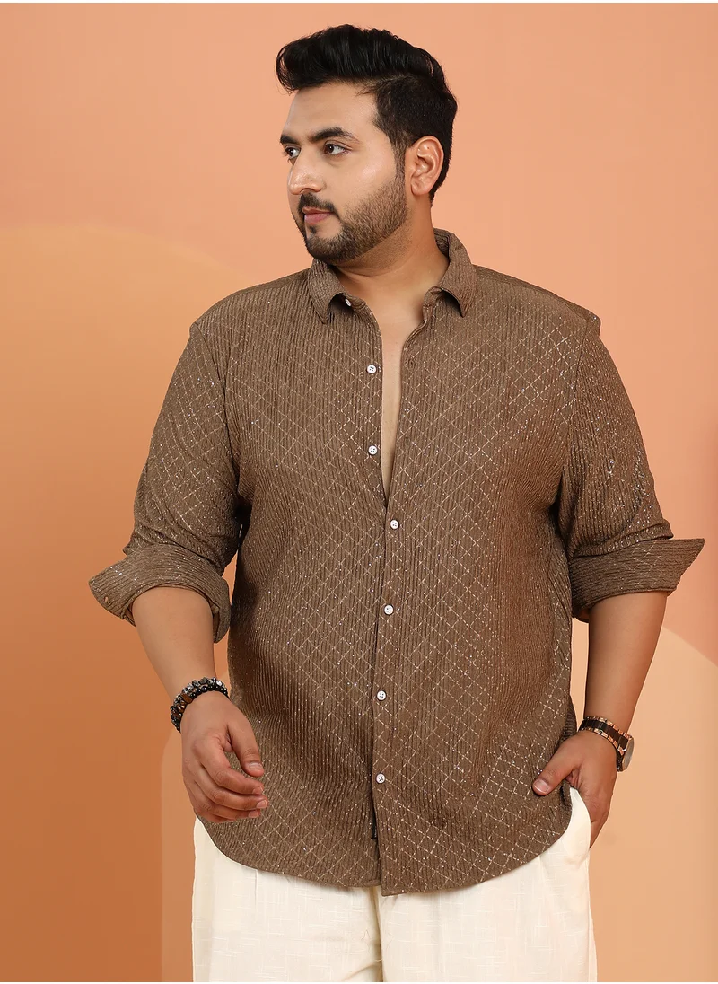 انستافاب بلس Instafab Plus Men's Chocolate Brown Shimmering-Grid Shirt For Casual Wear | Spread Collar | Long Cuffed Sleeves | Button Closure | Plus Size Shirt Crafted With Comfort Fit For Everyday Wear