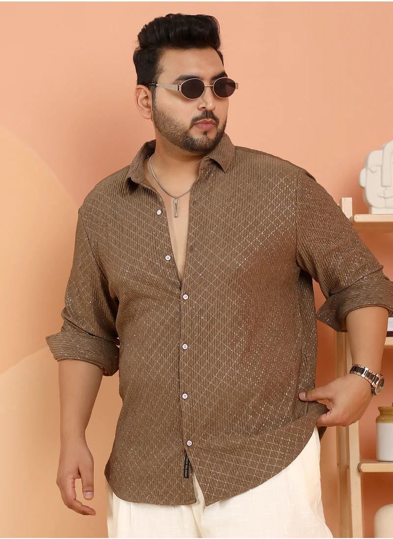 انستافاب بلس Instafab Plus Men's Chocolate Brown Shimmering-Grid Shirt For Casual Wear | Spread Collar | Long Cuffed Sleeves | Button Closure | Plus Size Shirt Crafted With Comfort Fit For Everyday Wear