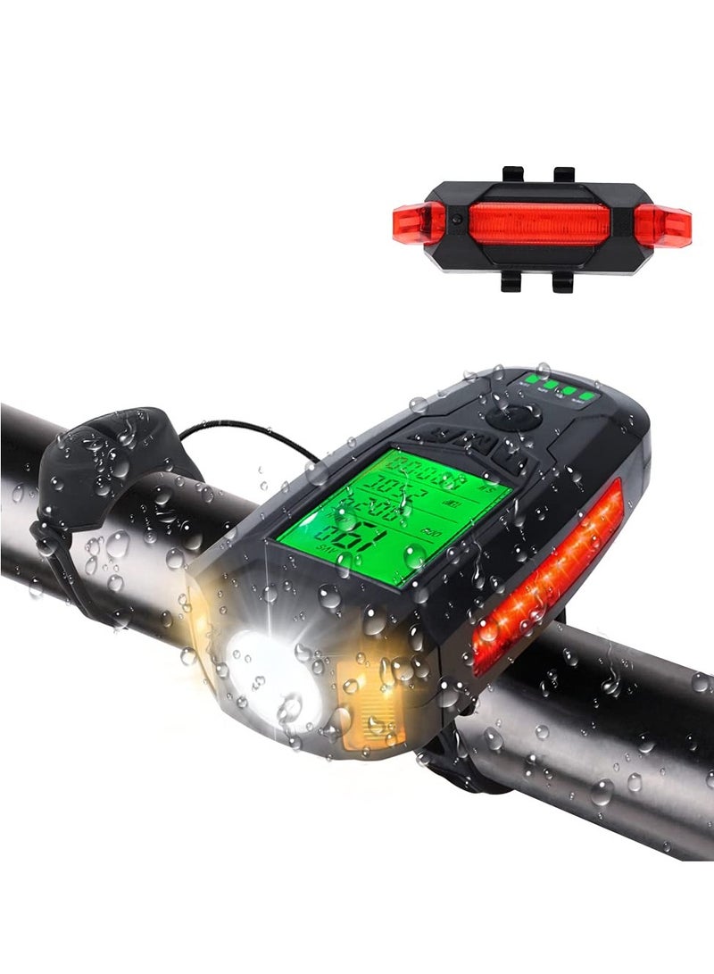 Captaintech Bike Speedometer with Bike Horn and Bike Light Set, USB Rechargeable Speedometer for Bike Waterproof Bike Odometer, Cycling Bike Front Light and Tail Light with Horn for All Mountain and Road Bike - Image 1