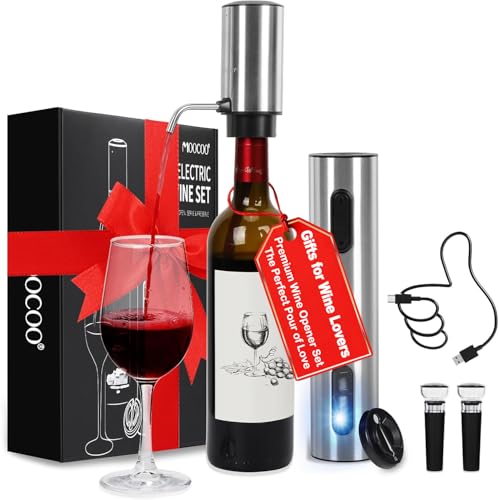 Moocoo Electric Wine Opener Gift Set, Automatic Electric Wine Bottle Corkscrew Opener Rechargeable with Foil Cutter, Automatic Aerator, 2 Vacuum Stoppers for Home Bar Outdoor Parties, Stainless Steel - Image 1