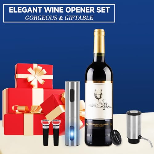 Moocoo Electric Wine Opener Gift Set, Automatic Electric Wine Bottle Corkscrew Opener Rechargeable with Foil Cutter, Automatic Aerator, 2 Vacuum Stoppers for Home Bar Outdoor Parties, Stainless Steel - Image 2