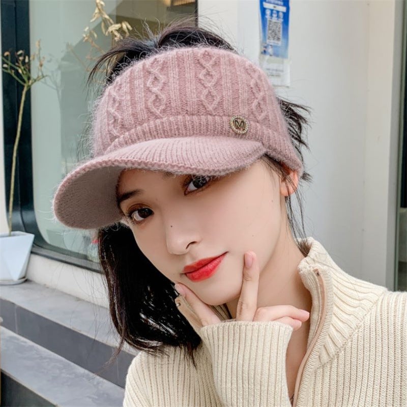 Knitted Duckbill Cap Womens Winter Warm Earflap Beanie Lotus root starch 