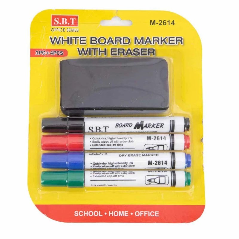 Dry White Board Marker with Eraser, Pack of 4pcs Marker - Image 1