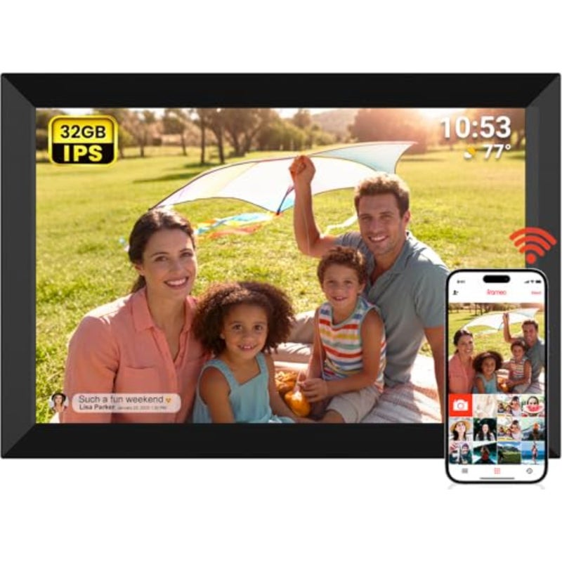 إطار صور رقمي 32 جيجابايت 10.1 بوصة شاشة لمس LCD IPS 1280 × 800، إطار صورة رقمي واي فاي ذكي، صورة ذاتية التدوير والمناظر الطبيعية، مشاركة اللحظات على الفور عبر تطبيق Frameo من أي مكان - Image 1
