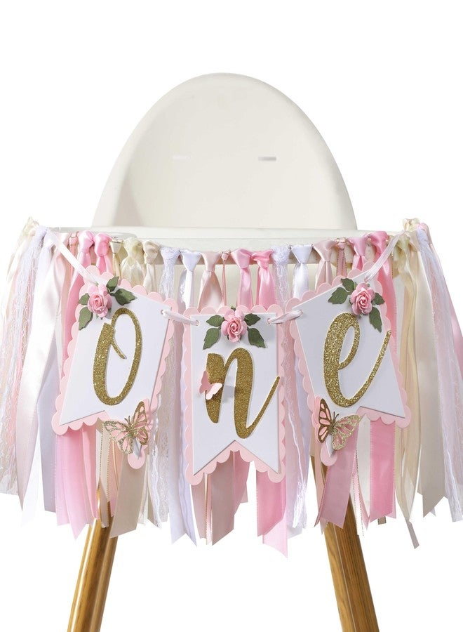 Agkvw Pink and Gold High Chair Banner- Floral and Butterfly One Highchair Banner, 1st Birthday Party Decoration for Girls, Pink 1st Birthday Decor - Image 1