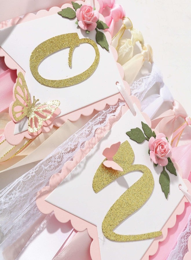 Agkvw Pink and Gold High Chair Banner- Floral and Butterfly One Highchair Banner, 1st Birthday Party Decoration for Girls, Pink 1st Birthday Decor - Image 2