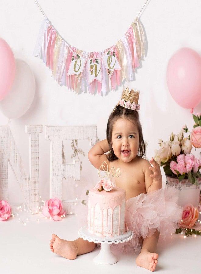 Agkvw Pink and Gold High Chair Banner- Floral and Butterfly One Highchair Banner, 1st Birthday Party Decoration for Girls, Pink 1st Birthday Decor - Image 3