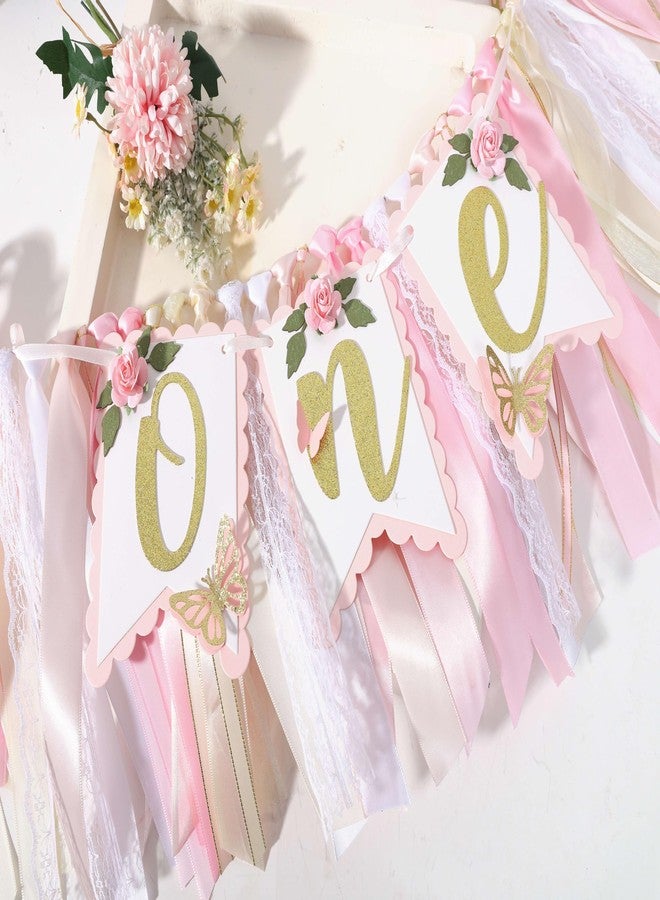 Agkvw Pink and Gold High Chair Banner- Floral and Butterfly One Highchair Banner, 1st Birthday Party Decoration for Girls, Pink 1st Birthday Decor - Image 4