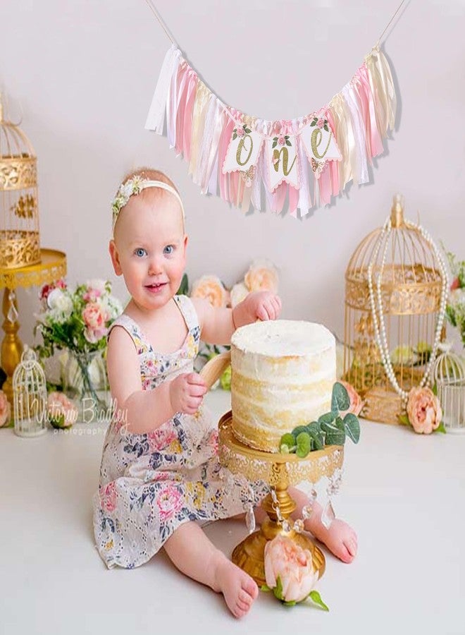 Agkvw Pink and Gold High Chair Banner- Floral and Butterfly One Highchair Banner, 1st Birthday Party Decoration for Girls, Pink 1st Birthday Decor - Image 5