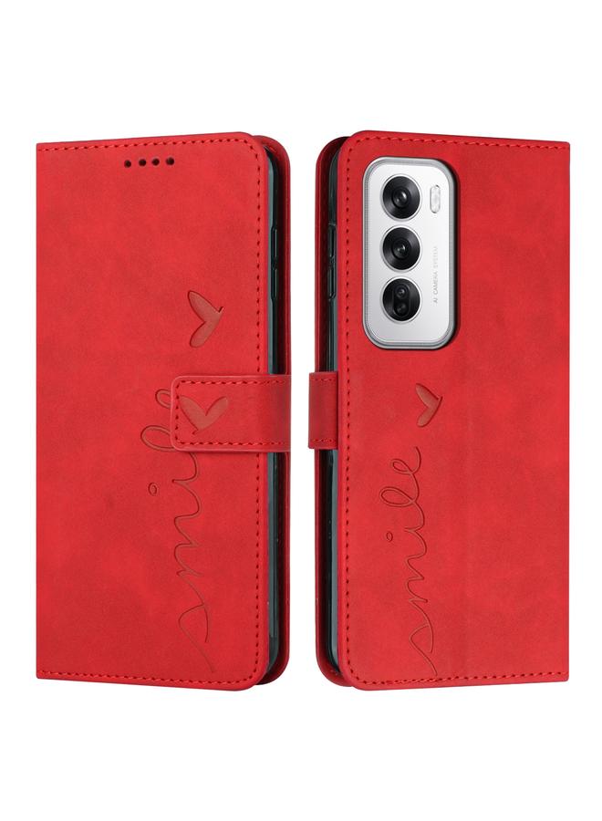 Green Tiger For OPPO Reno12 5G Global Skin Feel Heart Embossed Leather Phone Case with Long Lanyard(Red)