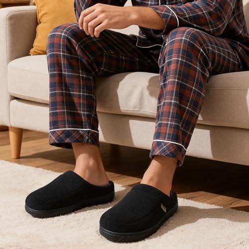 shoeslocker Slippers for Men House Shoes Bedroom Slip On Indoor Memory Foam, Black, Size 9-10 D(M) US - Image 3