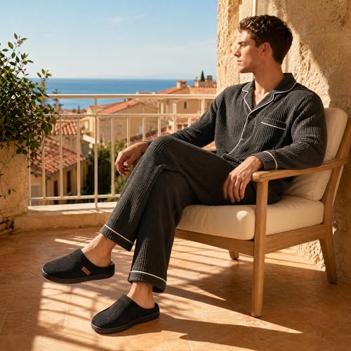 shoeslocker Slippers for Men House Shoes Bedroom Slip On Indoor Memory Foam, Black, Size 9-10 D(M) US - Image 2