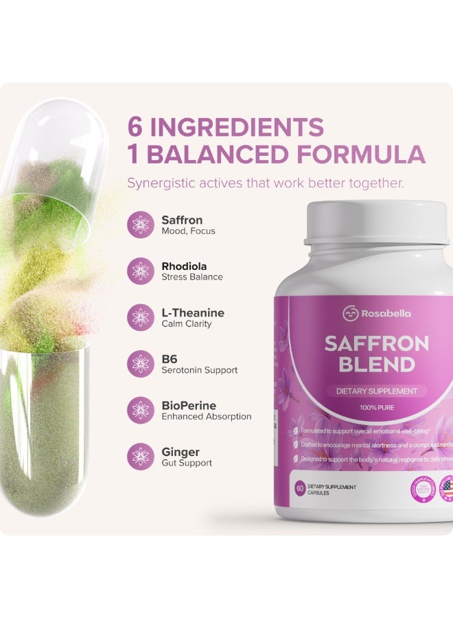 Rosabella Saffron Blend Supplement – Saffron, Vitamin B6, Magnesium & Herbal Extracts – 60 Capsules (30-Day Supply) | Mood Support, Stress Relief, Focus & Mental Clarity | Non-GMO, Gluten-Free - Image 3