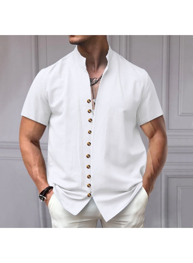 Men's Retro Linen Button-Up Short Sleeve Shirt Stand Collar Summer Casual Top Quality Material Comfortable Fit Male Model Shirt  - Image 1