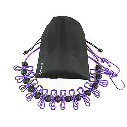 Starly Adjustable Elastic Clothesline with Clips and Positioning Balls Portable Retractable Windproof Laundry Hanging Rope for Travel Camping Indoor Use Anti-Skid Washing Line with Drawstring Bag Purple - Image 1