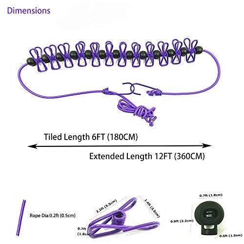 Starly Adjustable Elastic Clothesline with Clips and Positioning Balls Portable Retractable Windproof Laundry Hanging Rope for Travel Camping Indoor Use Anti-Skid Washing Line with Drawstring Bag Purple - Image 4