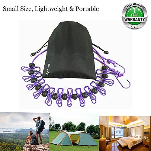 Starly Adjustable Elastic Clothesline with Clips and Positioning Balls Portable Retractable Windproof Laundry Hanging Rope for Travel Camping Indoor Use Anti-Skid Washing Line with Drawstring Bag Purple - Image 3
