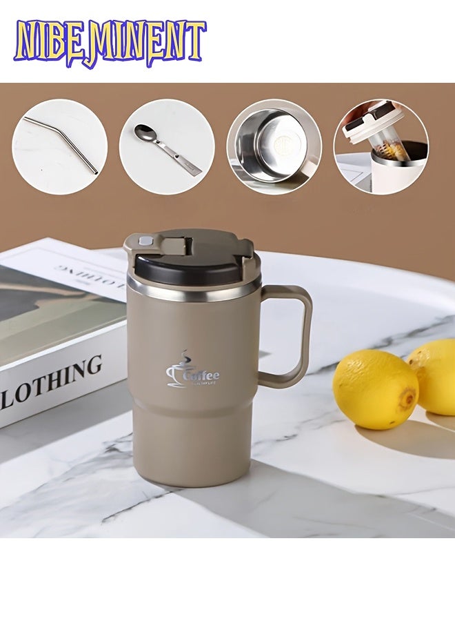 NIBEMINENT 19oz (approx. 550ml) stainless steel coffee mug with straw with spoon with tea divider, outdoor travel mug for cold and hot drinks, gifts for men and women  - Image 2