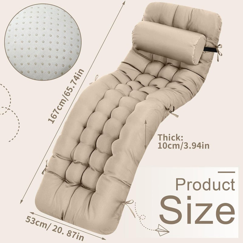 Tudomro 2 Pcs Light Camel 66'' Outdoor Chaise Lounge Cushion Waterproof Patio Lawn Pool Chaise Lounge Cushion with Headrest Pillow & Ties Weather Fade Resistant Replacement Longue Chair Pad - Image 2