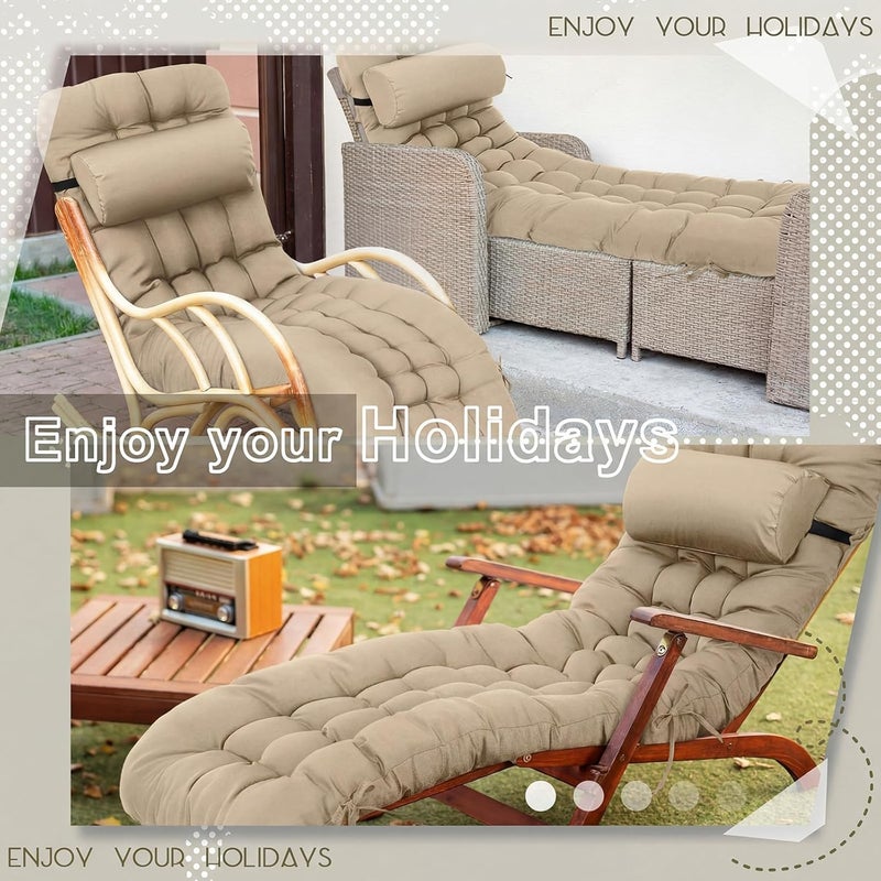 Tudomro 2 Pcs Light Camel 66'' Outdoor Chaise Lounge Cushion Waterproof Patio Lawn Pool Chaise Lounge Cushion with Headrest Pillow & Ties Weather Fade Resistant Replacement Longue Chair Pad - Image 5