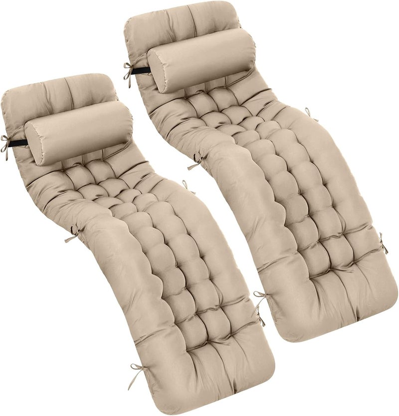 Tudomro 2 Pcs Light Camel 66'' Outdoor Chaise Lounge Cushion Waterproof Patio Lawn Pool Chaise Lounge Cushion with Headrest Pillow & Ties Weather Fade Resistant Replacement Longue Chair Pad - Image 1