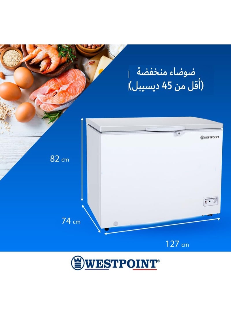 ويست بوينت WESTPOINT Chest Freezer Gross 450L Nett 345L Single Door PCM Inner Lock Wheels Lamp 3 Baskets Drain Cap Refrigerant White HxWxD 82x127.5x74 cms One Year warranty-WBXN-4519EWGL 220 W WBXN-4519EWGL white - Image 1