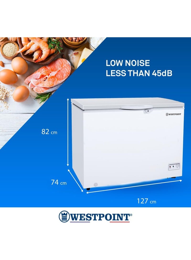 ويست بوينت WESTPOINT Chest Freezer Gross 450L Nett 345L Single Door PCM Inner Lock Wheels Lamp 3 Baskets Drain Cap Refrigerant White HxWxD 82x127.5x74 cms One Year warranty-WBXN-4519EWGL 220 W WBXN-4519EWGL white - Image 2