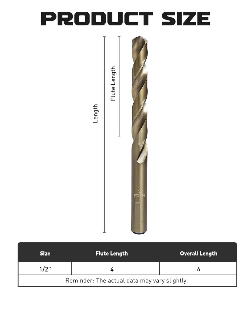 COMOWARE Cobalt Drill Bit Set- 1/2" M42 High Speed Steel Twist Jobber Length for Hardened Metal, Stainless Steel, Cast Iron and Wood Plastic - Image 2