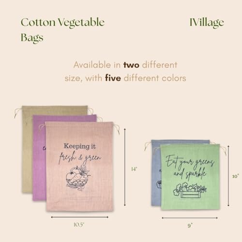 Ivillage Cotton Vegetable Bags (Set of 5) Fridge Storage Bag for Vegetables, Fruits Storage Pouches for Refrigerator, Durable & Reusable Drawstring Pouch for Sabji/Vegetables Storage Bag - Image 2
