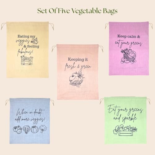 Ivillage Cotton Vegetable Bags (Set of 5) Fridge Storage Bag for Vegetables, Fruits Storage Pouches for Refrigerator, Durable & Reusable Drawstring Pouch for Sabji/Vegetables Storage Bag - Image 5