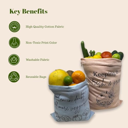 Ivillage Cotton Vegetable Bags (Set of 5) Fridge Storage Bag for Vegetables, Fruits Storage Pouches for Refrigerator, Durable & Reusable Drawstring Pouch for Sabji/Vegetables Storage Bag - Image 3