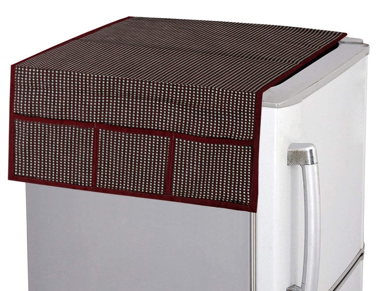 Kuber Industries Kuber Industries Check Design Jute Fridge Top Cover Protect for Scratches Wear Tear and Dust with 6 Utility Side Pockets BrownHS_38_KUBMART21053 Standard  - Image 1