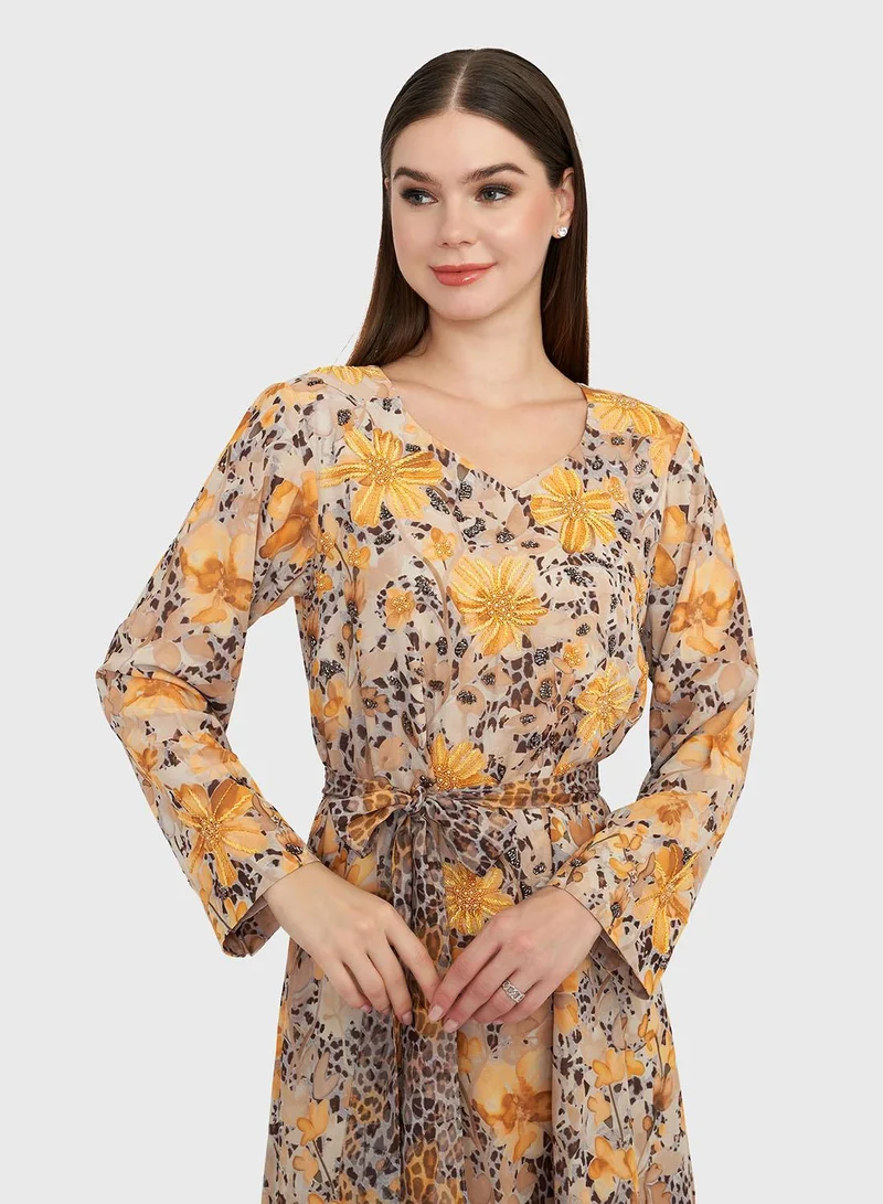 كشخة فستان ماكسي جورجيت بطبعة زهور ونمر