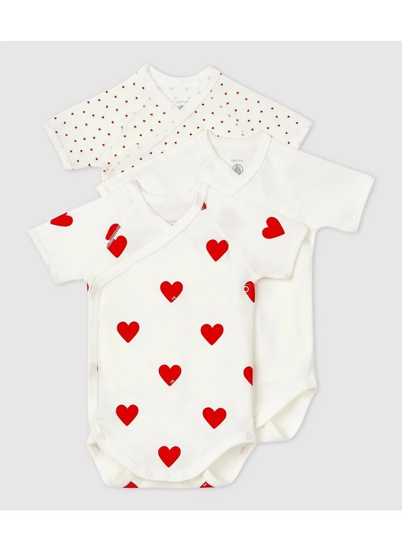 Petit Bateau Babies' heart patterned short-sleeved wrapover cotton bodysuits - 3-Pack