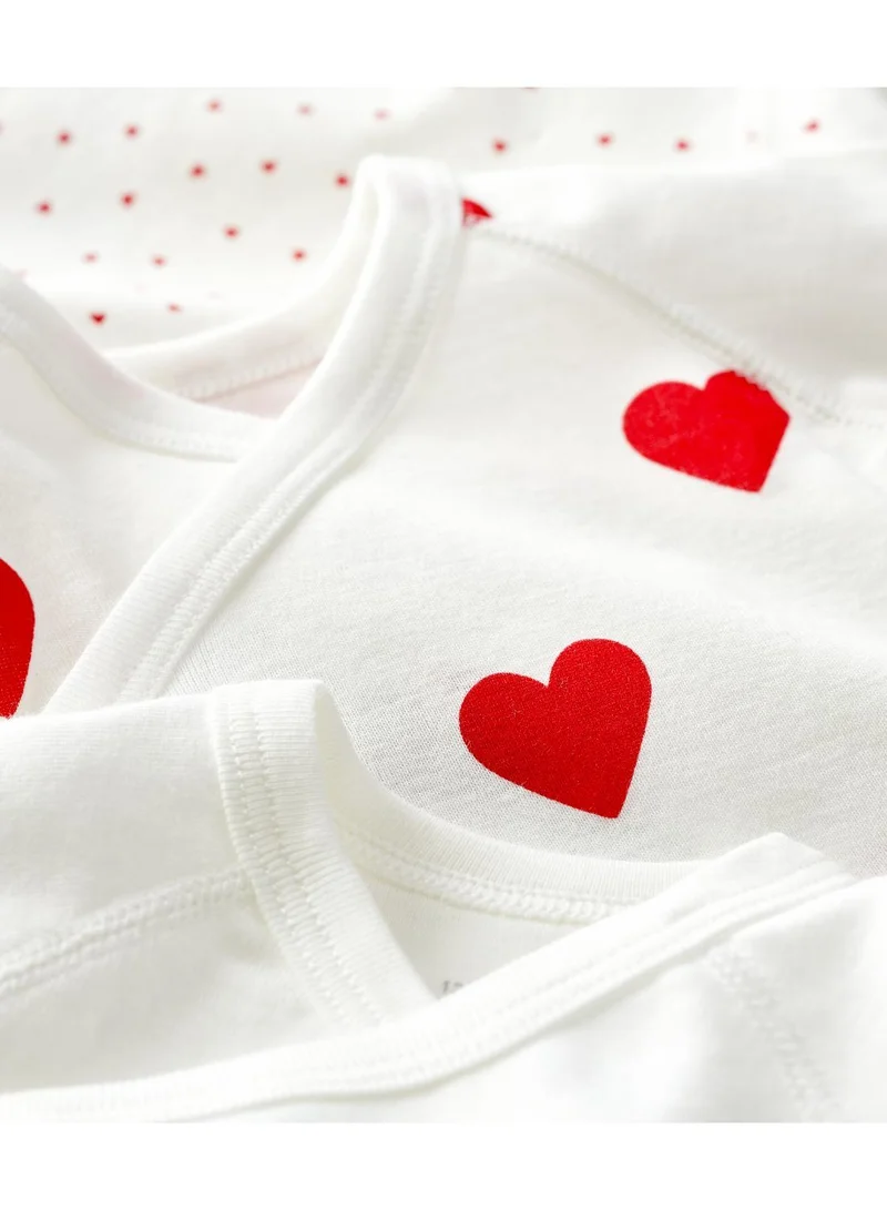 Petit Bateau Babies' heart patterned short-sleeved wrapover cotton bodysuits - 3-Pack
