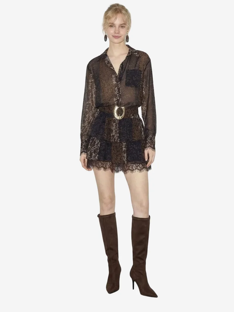 بيانكو لوتشي LUCCI Patterned Tulle Dress with Lace Detail, Belt and Ruffles