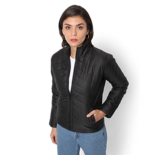 Campus Sutra Women Black Puffer Regular Fit Bomber Jacket For Winter Wear | Standing Collar | Full Sleeve | Zipper | Casual Jacket For Woman & Girl | Western Stylish Jacket For Women - Image 2