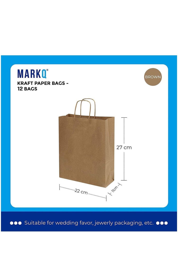 MARKQ Brown Paper bags with handles 27 x 22 x 11 cm Large Kraft Gift bags for Birthday Party Favors, Weddings, Retail, Baby Shower 12 Bags  - Image 2