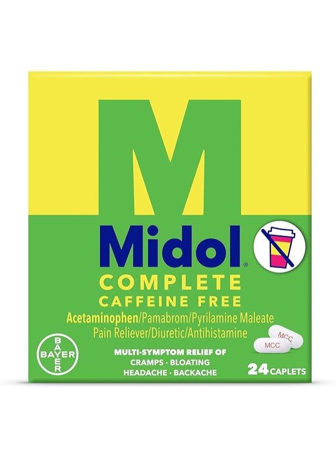 Midol Complete Caffeine Free Caplets 24ct: Midol Complete Caffeine Free Menstrual Pain Relief Caplets with Acetaminophen, Provides Headache Relief and Period Cramps Relief, 24 Count - Image 1