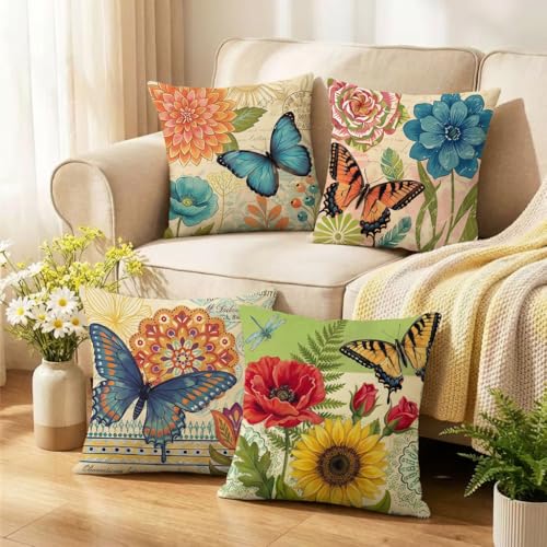 wyooxoo Spring Summer Pillow Covers 20x20 Set of 4 Farmhouse Throw Pillow Covers Linen Flower Butterfly Decorative Pillowcases for Sofa Couch Living Room Outdoor - Image 3