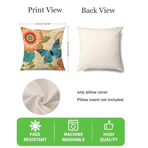 wyooxoo Spring Summer Pillow Covers 20x20 Set of 4 Farmhouse Throw Pillow Covers Linen Flower Butterfly Decorative Pillowcases for Sofa Couch Living Room Outdoor - Image 4