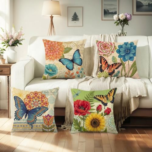 wyooxoo Spring Summer Pillow Covers 20x20 Set of 4 Farmhouse Throw Pillow Covers Linen Flower Butterfly Decorative Pillowcases for Sofa Couch Living Room Outdoor - Image 5