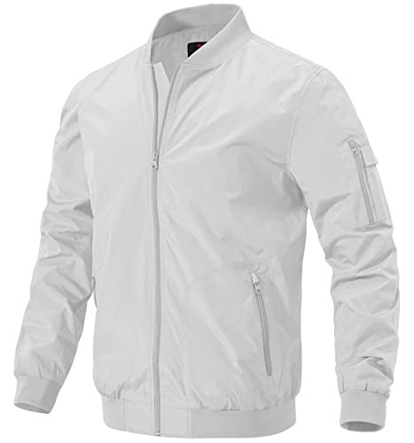 Gopune Mens Windproof Bomber Jackets Lightweight Running Windbreaker Outdoor Golf Fashion Coat Sliver WhiteM - Image 1