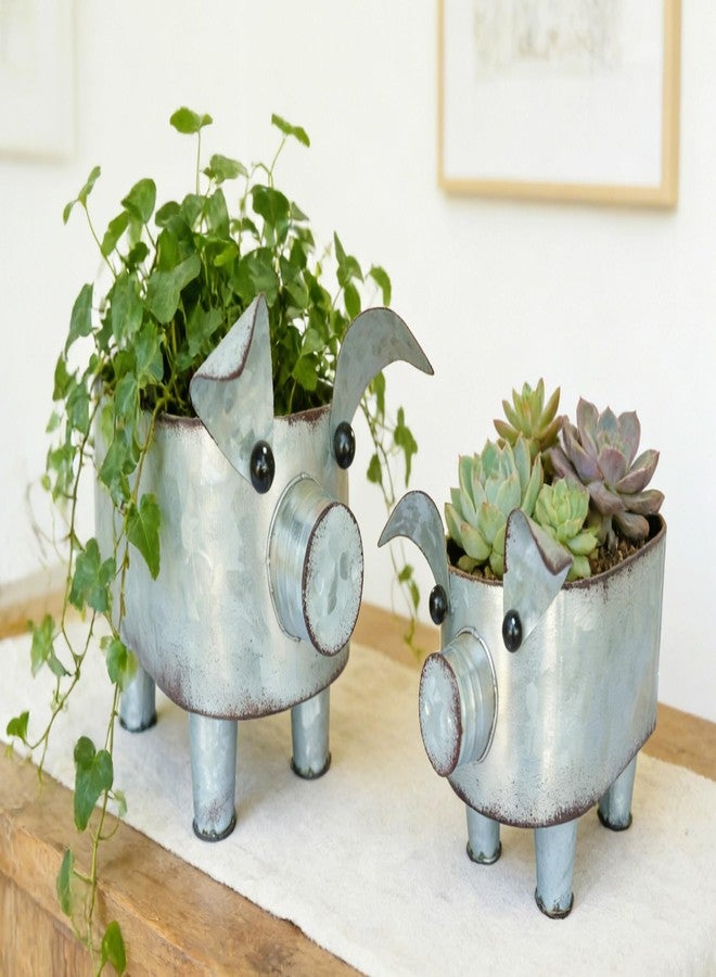 ShabbyDecor وعاء تخزين على شكل خنزير من المعدن المجلفن من شابي ديكور، مناسب للحمام والمطبخ وغرفة المعيشة، طقم من قطعتين، كبير وصغير - Image 2