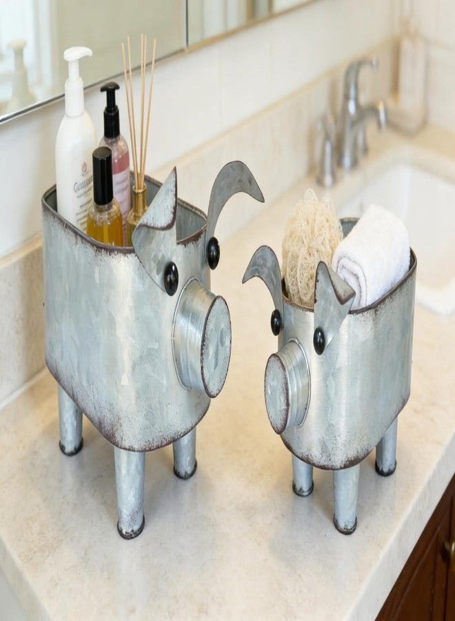 ShabbyDecor وعاء تخزين على شكل خنزير من المعدن المجلفن من شابي ديكور، مناسب للحمام والمطبخ وغرفة المعيشة، طقم من قطعتين، كبير وصغير - Image 5