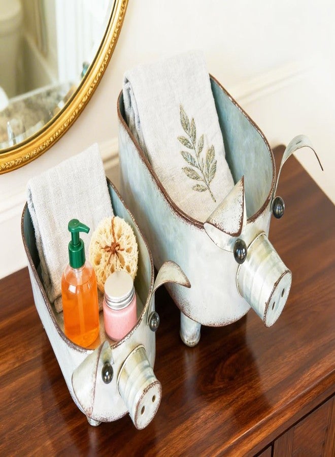 ShabbyDecor وعاء تخزين على شكل خنزير من المعدن المجلفن من شابي ديكور، مناسب للحمام والمطبخ وغرفة المعيشة، طقم من قطعتين، كبير وصغير - Image 4