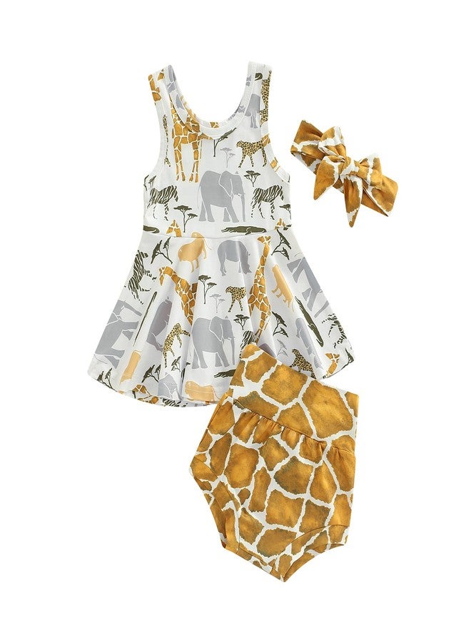 BULINGNA 3Pcs Baby Girl Summer Outfit Animal Print Sleeveless Ruffle Tank Tops High Waist Shorts Headband Clothing Set (Yellow, 12-18 Months) - Image 1